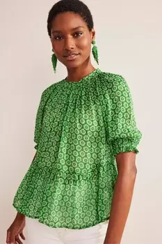 Блузка из жоржета с оборками и блестящей отделкой Boden, зеленый