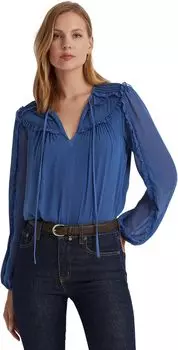 Блузка из жоржета с рюшами и завязками на воротнике LAUREN Ralph Lauren, цвет Frosted Lapis