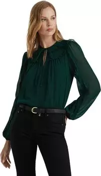 Блузка из жоржета с рюшами и завязками на воротнике LAUREN Ralph Lauren, цвет Season Green