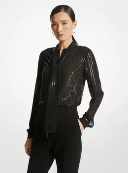 Блузка из жоржета с завязками в тонкую полоску и пайетками Michael Kors, черный