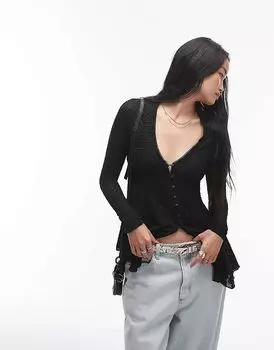 Блузка-кардиган с длинными рукавами и кружевом черного цвета Free People