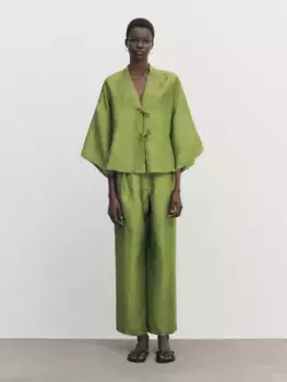 Блузка-кимоно из смешанного льна с бантами Massimo Dutti, зеленый