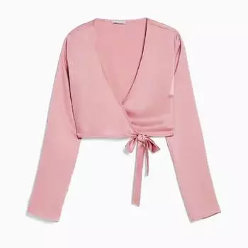 Блузка короткая Bershka Satin Finish Crossover Ballet, розовый