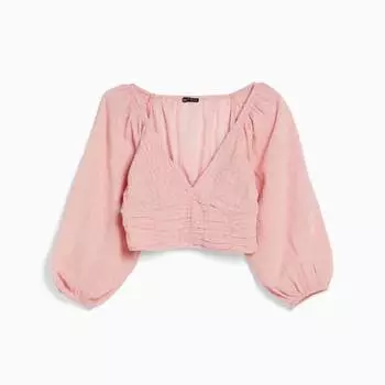 Блузка короткая Bershka Voluminous V-neck, розовый