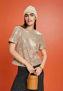 Блузка Kurzarm Mit Pailletten Esprit, цвет light taupe
