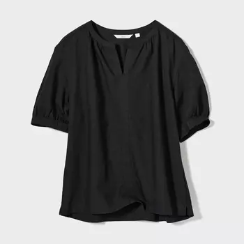 Блузка льняная Uniqlo с короткими рукавами, черный