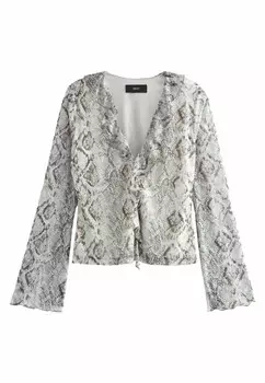 Блузка Long Sleeve Ruffle Front Petite. Next, змеиный принт белого цвета