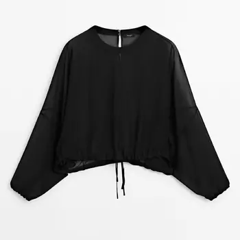 Блузка Massimo Dutti Semi-sheer With Tie Detail, черный