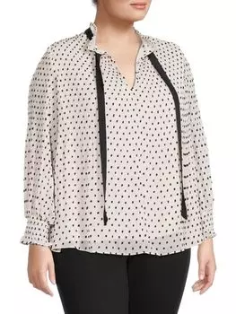 Блузка Max Studio плюс плиссированная с галстуком в горошек, белый/черный