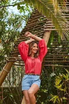 Блузка металлик с рукавами блузоном и шнуровкой Sosandar, оранжевый