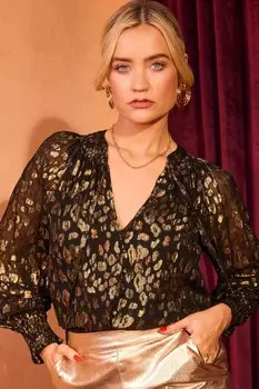 Блузка металлизированного цвета с рукавами 3/4 и присборенными манжетами Love & Roses, черный