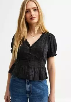 Блузка на пуговицах BRODERIE ANGLAISE TRIM OVERSIZED COLLAR New Look, черный