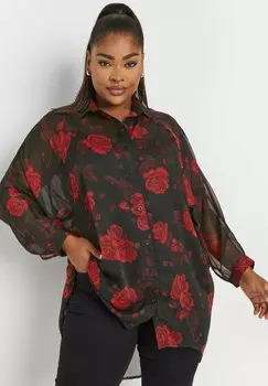 Блузка на пуговицах FLORAL PRINT DIPPED HEM Yours Clothing, черный