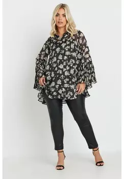 Блузка на пуговицах FLORAL PRINT FLARED SLEEVE Yours Clothing, черный