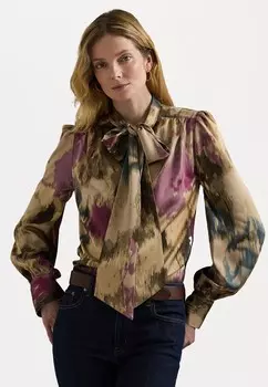 Блузка на пуговицах FLORAL SATIN CHARMEUSE TIE NECK BLOUSE Lauren Ralph Lauren, цвет Tan