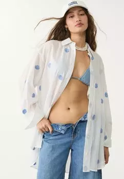 Блузка на пуговицах LONG FLOWING SEASHELL EMBROIDERY Stradivarius, белый