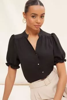 Блузка на пуговицах с короткими рукавами-фонариками и V-образным вырезом Friends Like These, черный