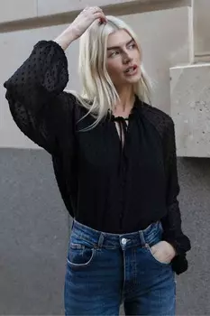 Блузка на пуговицах с текстурой в горошек и кружевом Threadbare, черный