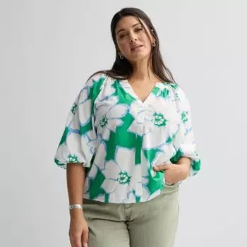 Блузка oversize с присборенным вырезом «лодочка» и рукавами-фонариками Sonoma Goods For Life, цвет green brush floral