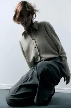 Блузка оверсайз из смесового льна H&M, бежевый