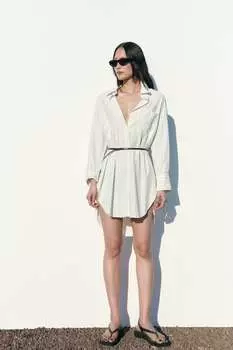 Блузка оверсайз в полоску с поясом ZARA, белый/серый