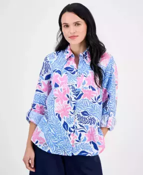 Блузка Petite Bhavana из льна с цветочным принтом Charter Club, белый