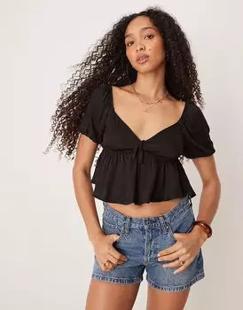 Блузка Pimkie с завязкой спереди и пышными рукавами-буфами черного цвета