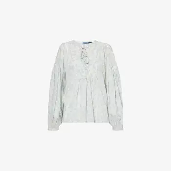 Блузка Polo Ralph Lauren из хлопкового поплина с пышными рукавами и цветочным принтом, бело-голубой
