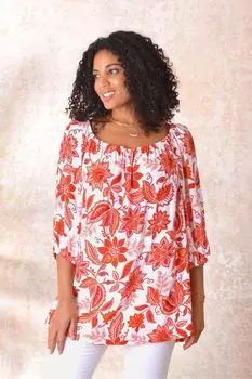 Блузка Red Curve с цветочным принтом и вырезом бардо Live Unlimited, красный