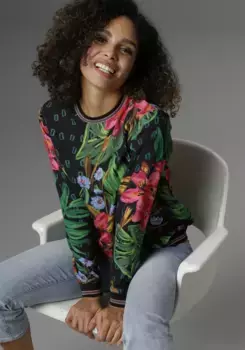 Блузка-рубашка Aniston SELECTED с полосатыми манжетами, синий