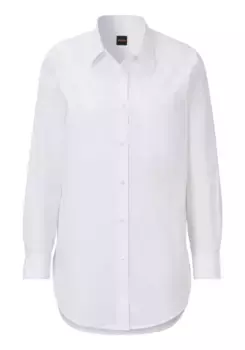 Блузка-рубашка BOSS ORANGE "C_Bostucci_3", с принтером и планкой на пуговицах, закругленный низ, рубашечный воротник, белый