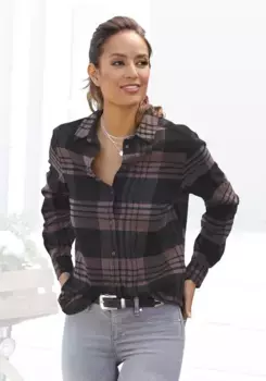 Блузка-рубашка LASCANA, из мягкой фланели, хлопковая блузка в клетку, женская блузка, цвет Lila-Schwarz-Kariert