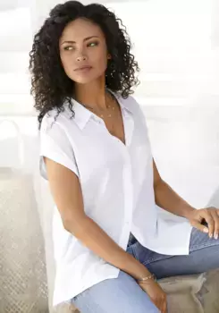 Блузка-рубашка LASCANA из смеси льна с планкой на пуговицах, блузка с коротким рукавом, льняная блузка, белый