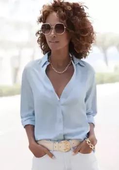 Блузка-рубашка LASCANA из смесового льна, женская блузка с рубашечным воротником и планкой на пуговицах, синий