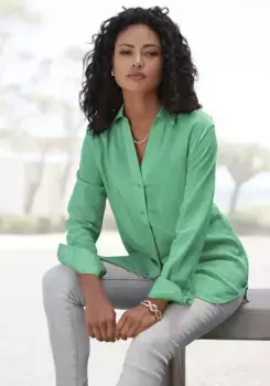 Блузка-рубашка LASCANA из смесового льна, женская блузка с рубашечным воротником и планкой на пуговицах, зеленый