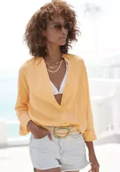 Блузка-рубашка LASCANA из смесового льна, женская блузка с рубашечным воротником и планкой на пуговицах, цвет Mango Peach