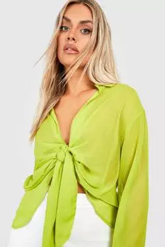 Блузка рубашка с деталями из шифона и завязками Boohoo, шартрез