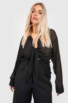 Блузка рубашка с деталями из шифона и завязками Boohoo, черный