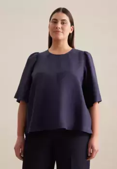 Блузка-рубашка seidensticker "Black Rose", с короткими рукавами и круглым вырезом, однотонная, синий