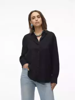 Блузка-рубашка Vero Moda "VMLINN LINEN LS SHIRT WVN NOOS", высокое качество из льна, черный