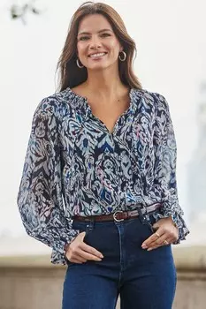 Блузка с абстрактным принтом и завязкой на шее Sosandar, синий