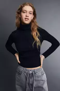 Блузка с эластичным трикотажем и воротником-поло H&M, черный