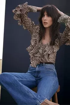 Блузка с анималистичным принтом и оборками Mint Velvet, коричневый