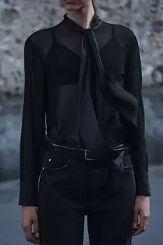 Блузка с атласной отделкой и завязкой ZARA, черный