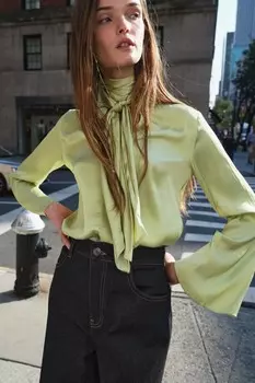 Блузка с бантом ZARA, фисташковый зеленый