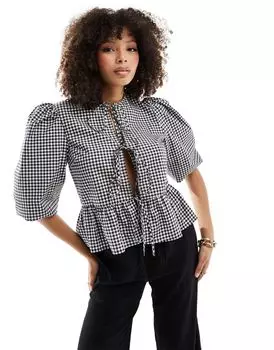 Блузка с баской ASOS DESIGN из хлопкового поплина в клетку черного цвета с завязкой спереди