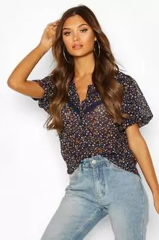 Блузка с цветочной кружевной отделкой Boohoo, нави