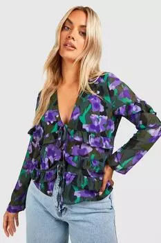 Блузка с цветочным передом и шифоновыми обрями Boohoo, черный