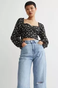 Блузка с цветочным принтом и оттенком льна H&amp;M, темно-серый/цветы