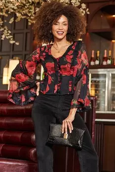 Блузка с цветочным принтом и расклешенными рукавами Sosandar, красный